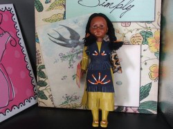 8" native hp doll on wood stand, Tok, Alaska + 11" ABORIGINAL DOLL, LEATHER DRESS, MOCCS, PAPOOSES